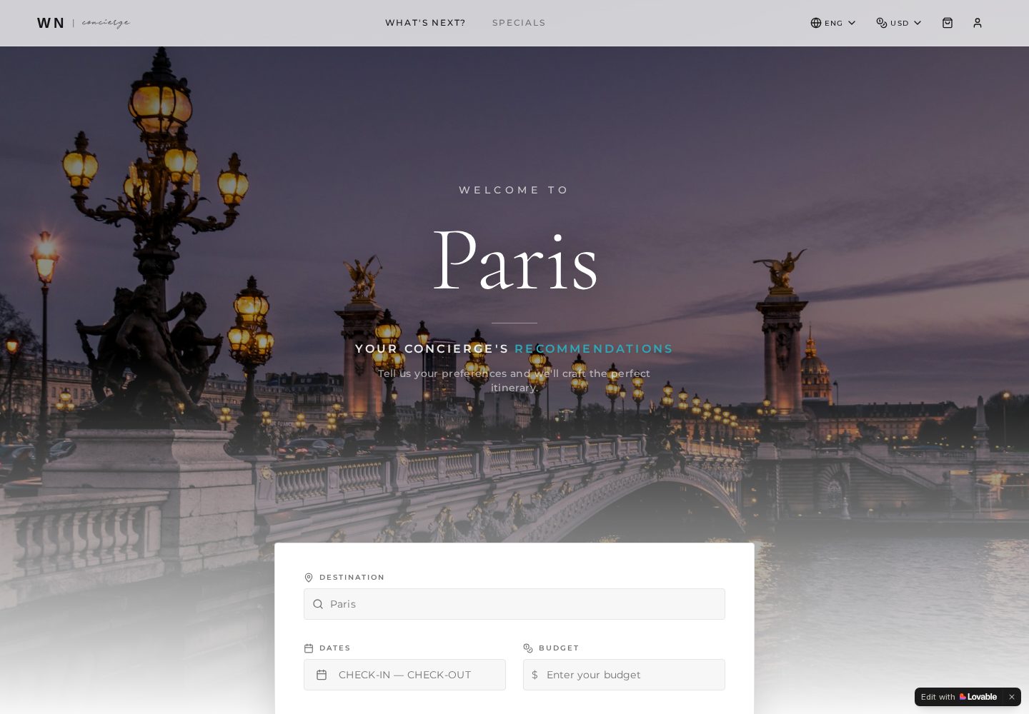 Vista del sitio web de WN Concierge